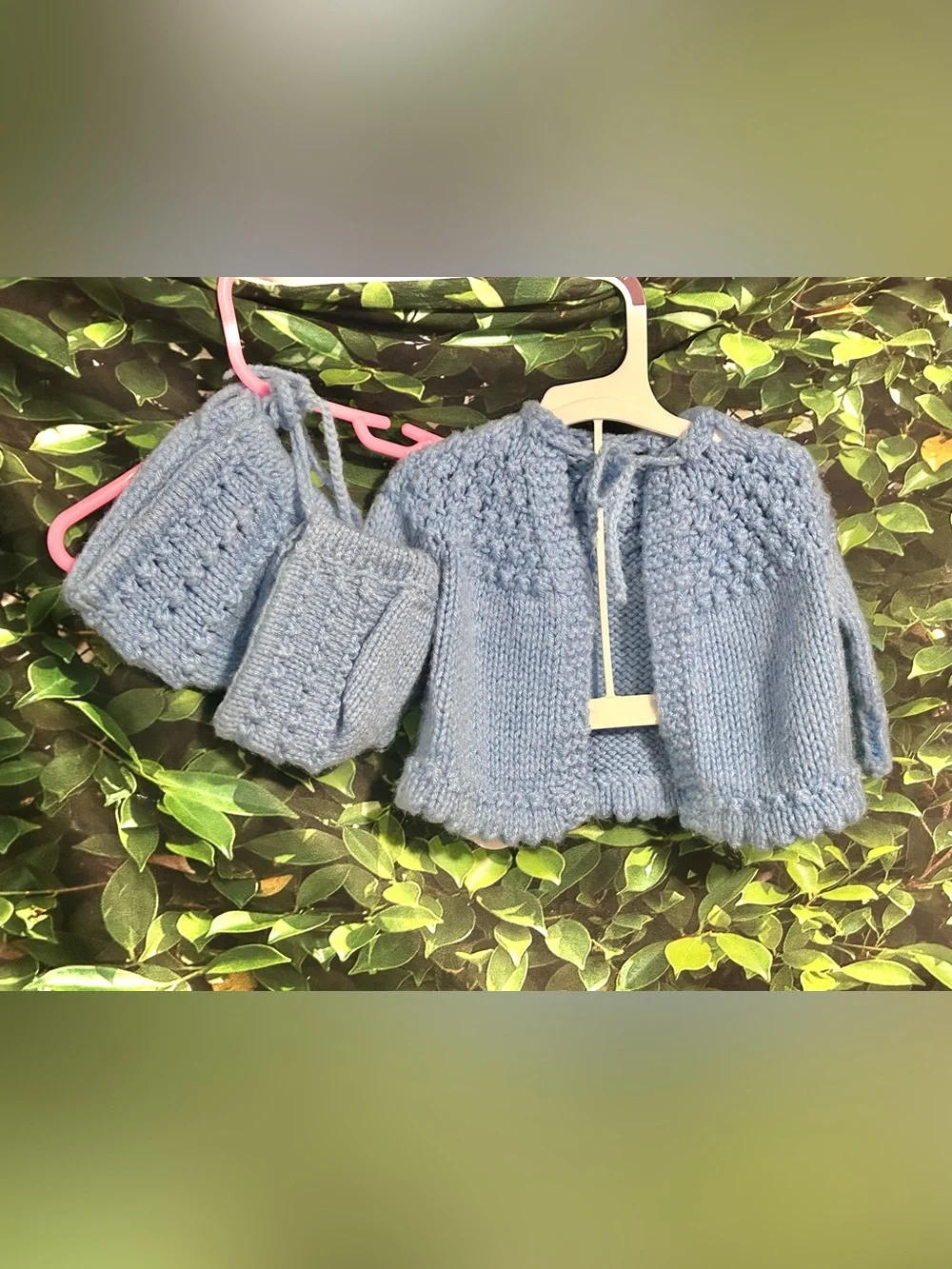 Hand Crocheted Blue Baby Sweater Set Cardigan With 2 Bonnets
